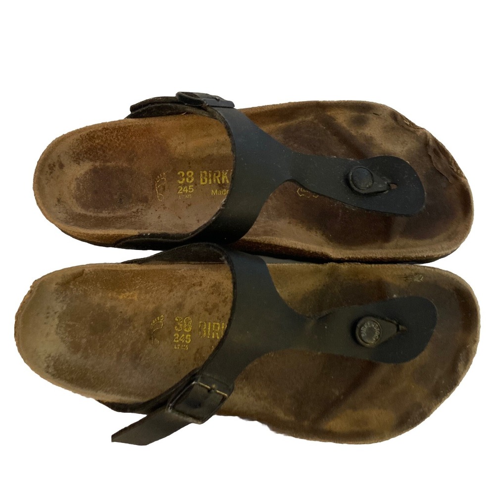 Birkenstock Gizeh 38 Black Leather Thong T Strap Sandals Womens 7 7.5 US FLAWS - Picture 10 of 14